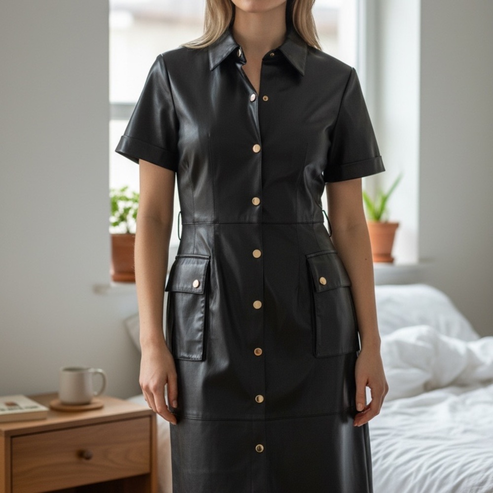Zara Faux Leather Black Midi Dress Gold Snap Buttons.